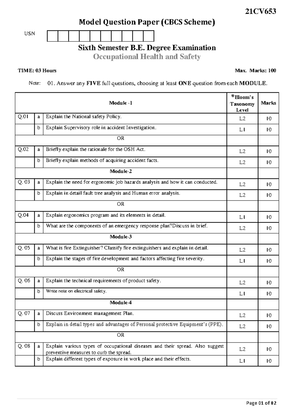 21CV653 - Model Question Paper on Occupational Health & Safety - Studocu
