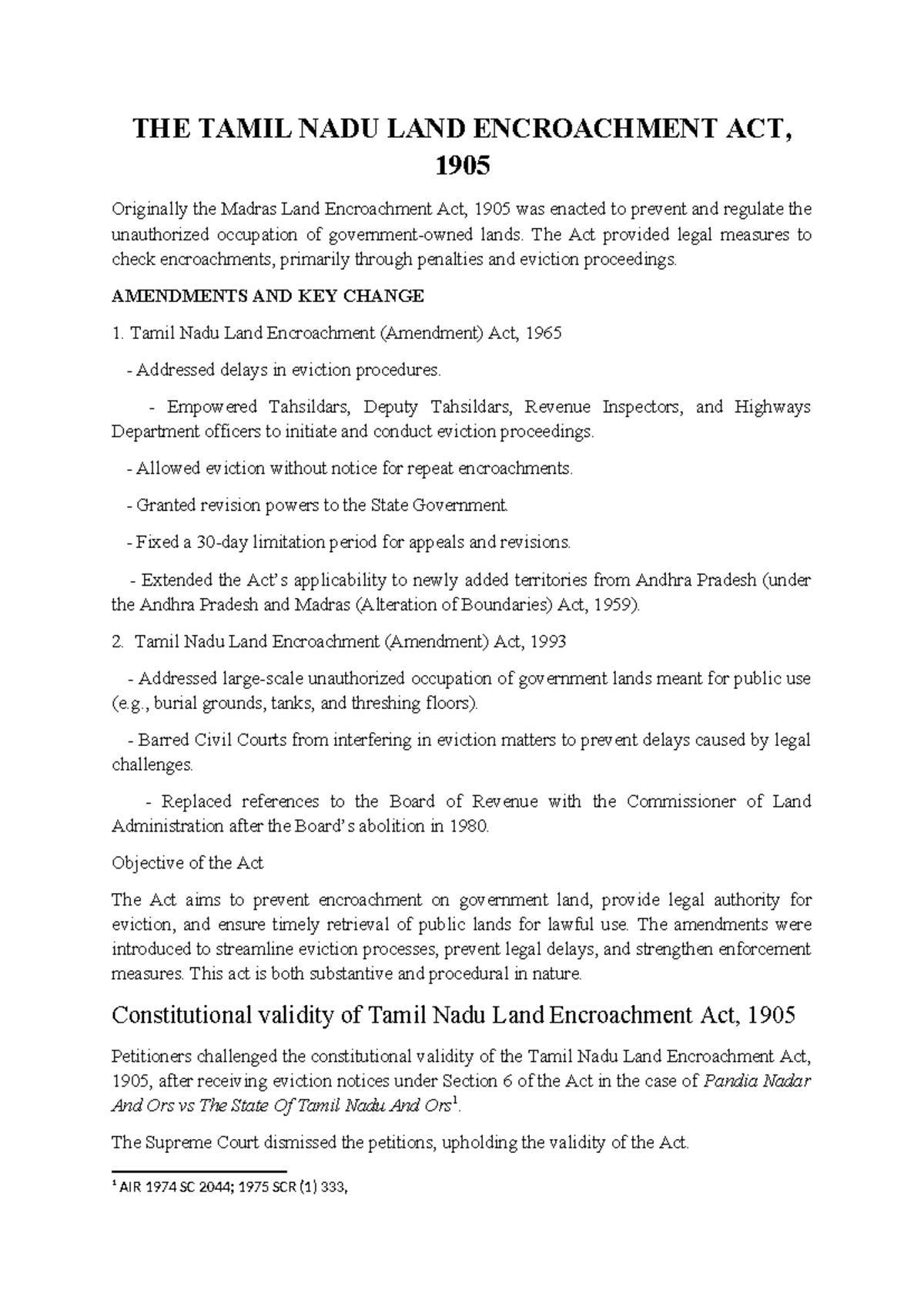 Tamil Nadu Land Encroachment Act, 1905: Key Amendments & Cases - Studocu