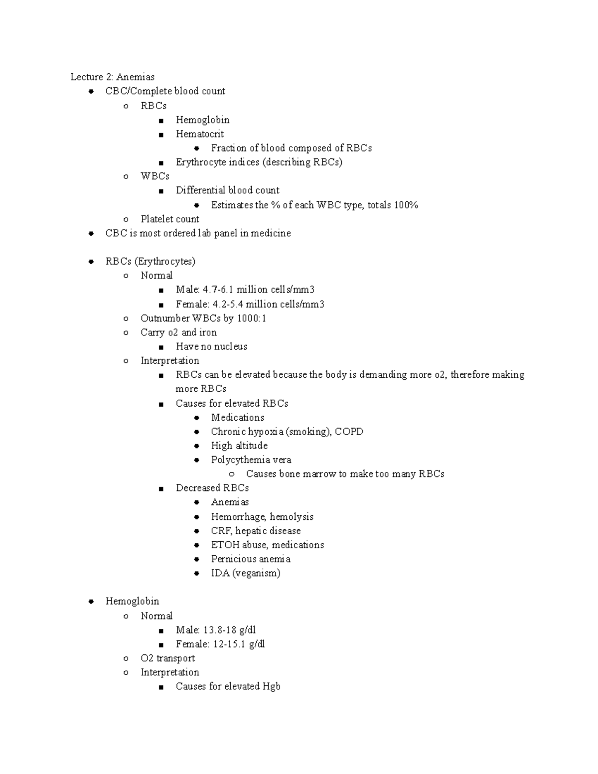 CPE Lecture 2 Notes: Understanding Anemias and CBC Findings - Studocu