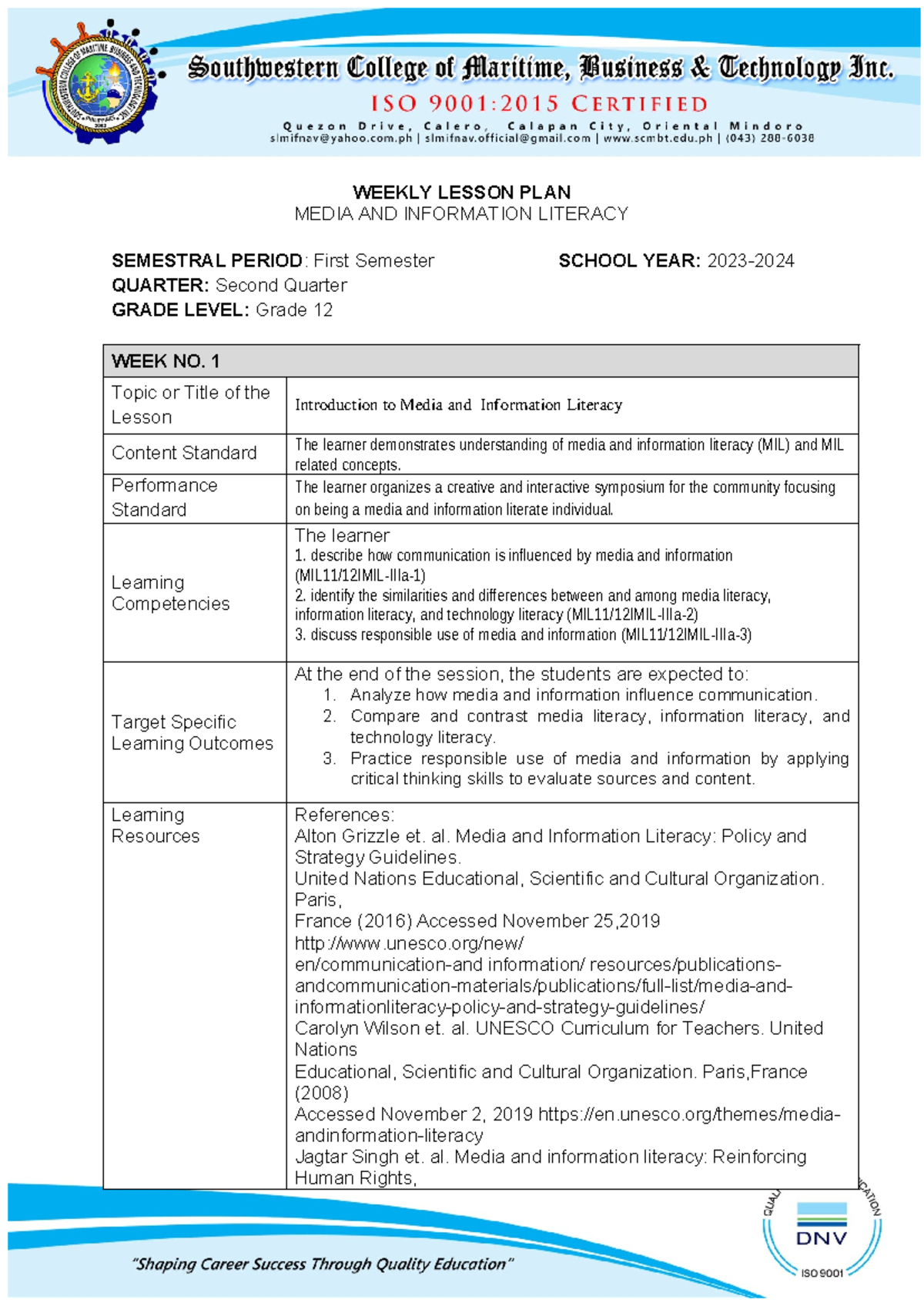 MIL 12 MEDIA AND INFORMATION LITERACY WEEK 1 LESSON PLAN - Studocu