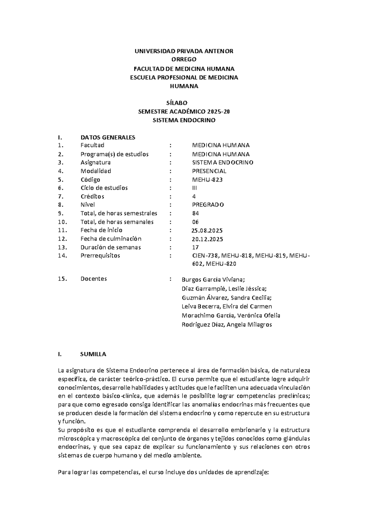 Sílabo del Curso MEHU602: Sistema Endocrino I - 2025-20 - Document Preview