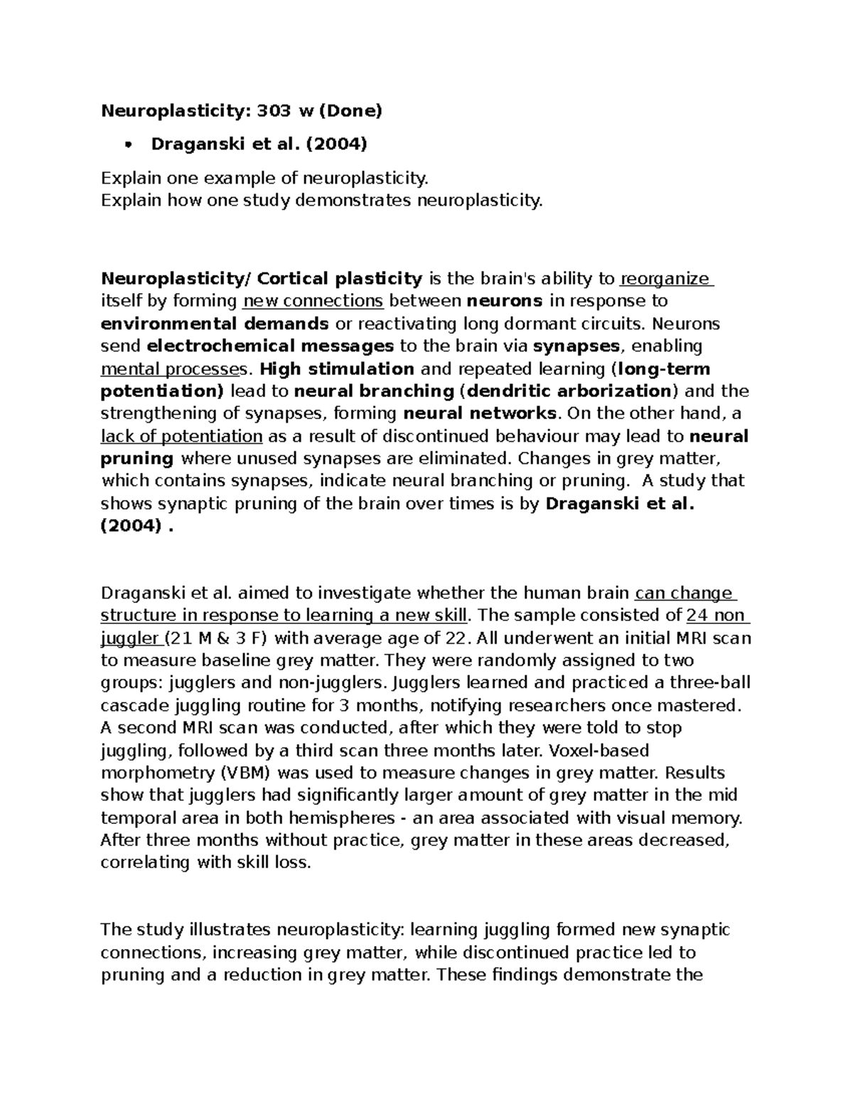 IB Psychology Bio SAQ - Understanding Neuroplasticity Through Draganski ...