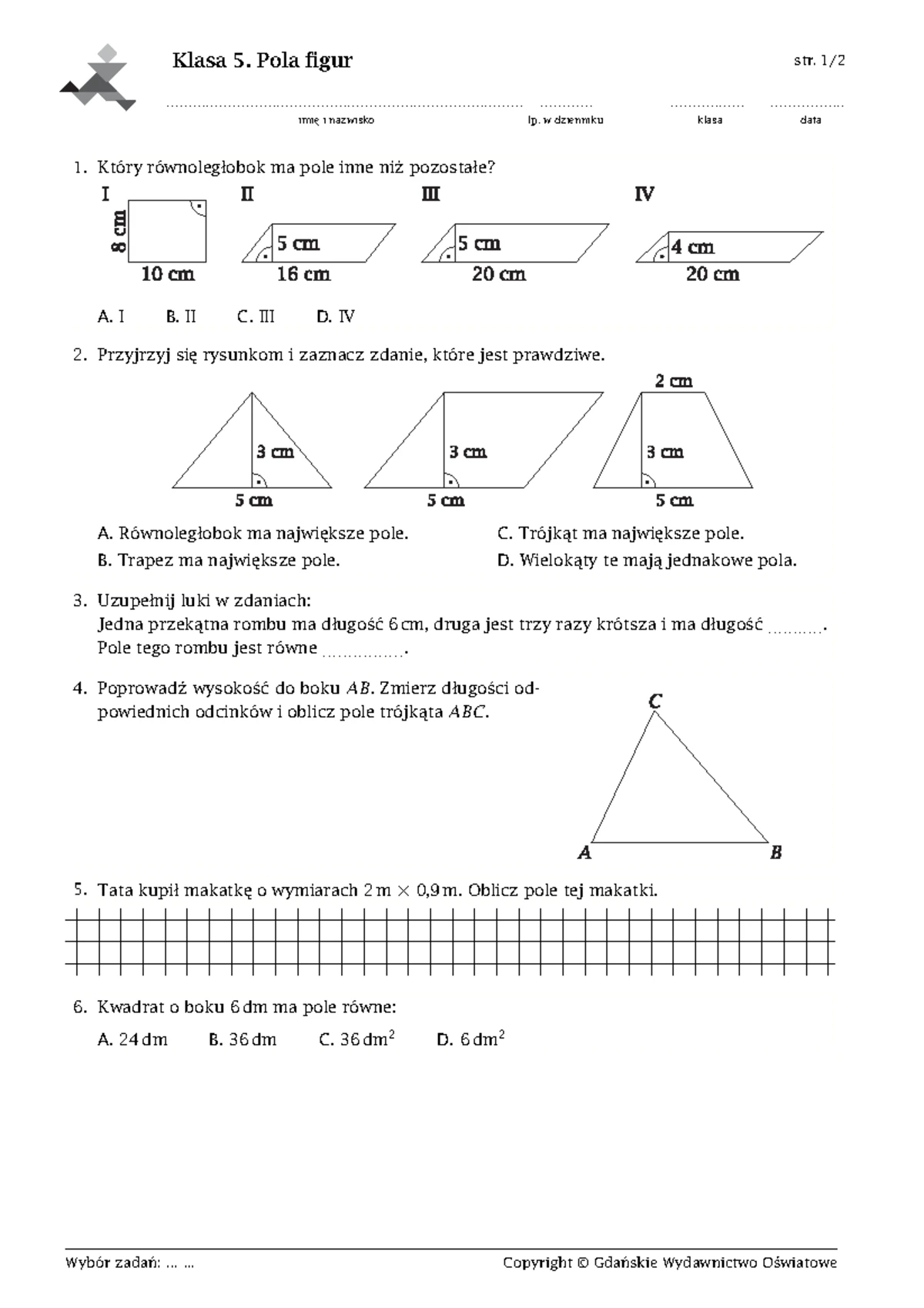 Sprawdzian Z Matematyki Figury Płaskie 2 www.studocu.com