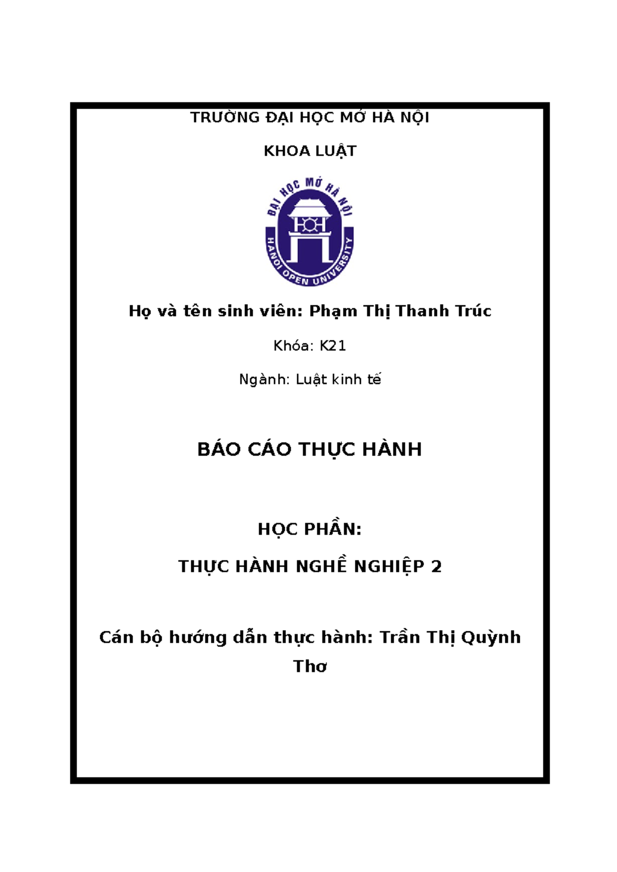 TTTH2 - Báo cáo Thực Hành Nghề Nghiệp 2 - Khoa Luật, ĐH Mở Hà Nội - Document Preview