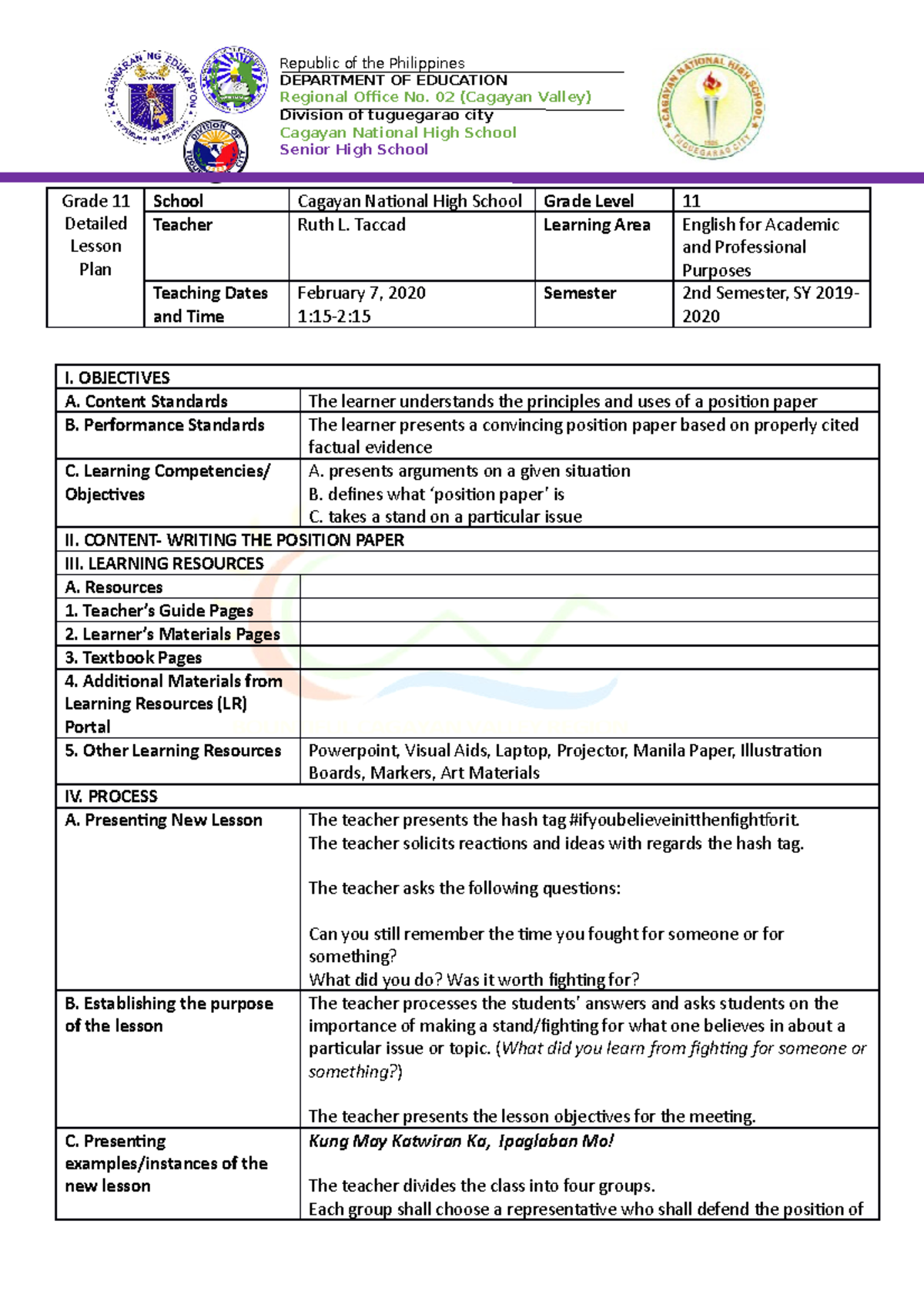 Detailed Lesson Plan for Grade 11 English: Position Paper Writing - Studocu