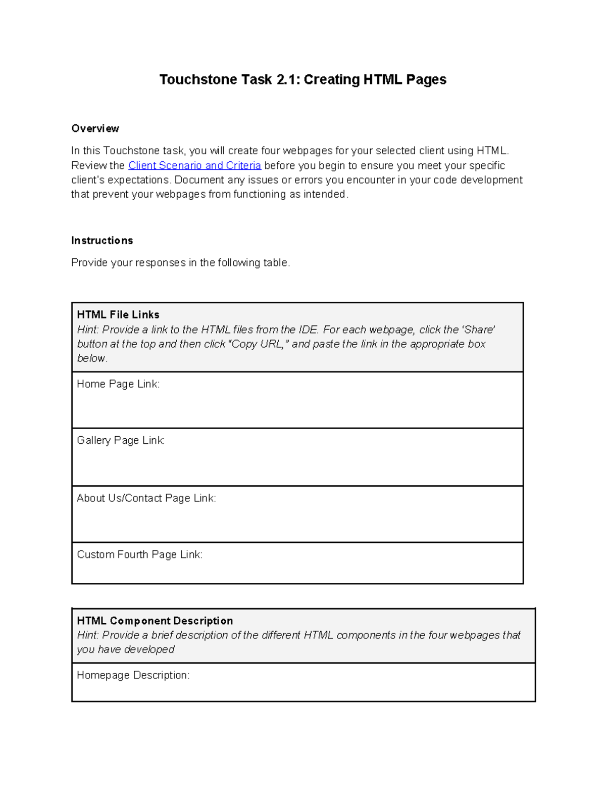 Touchstone Task 2.1: HTML Pages Creation for Client Project - Studocu