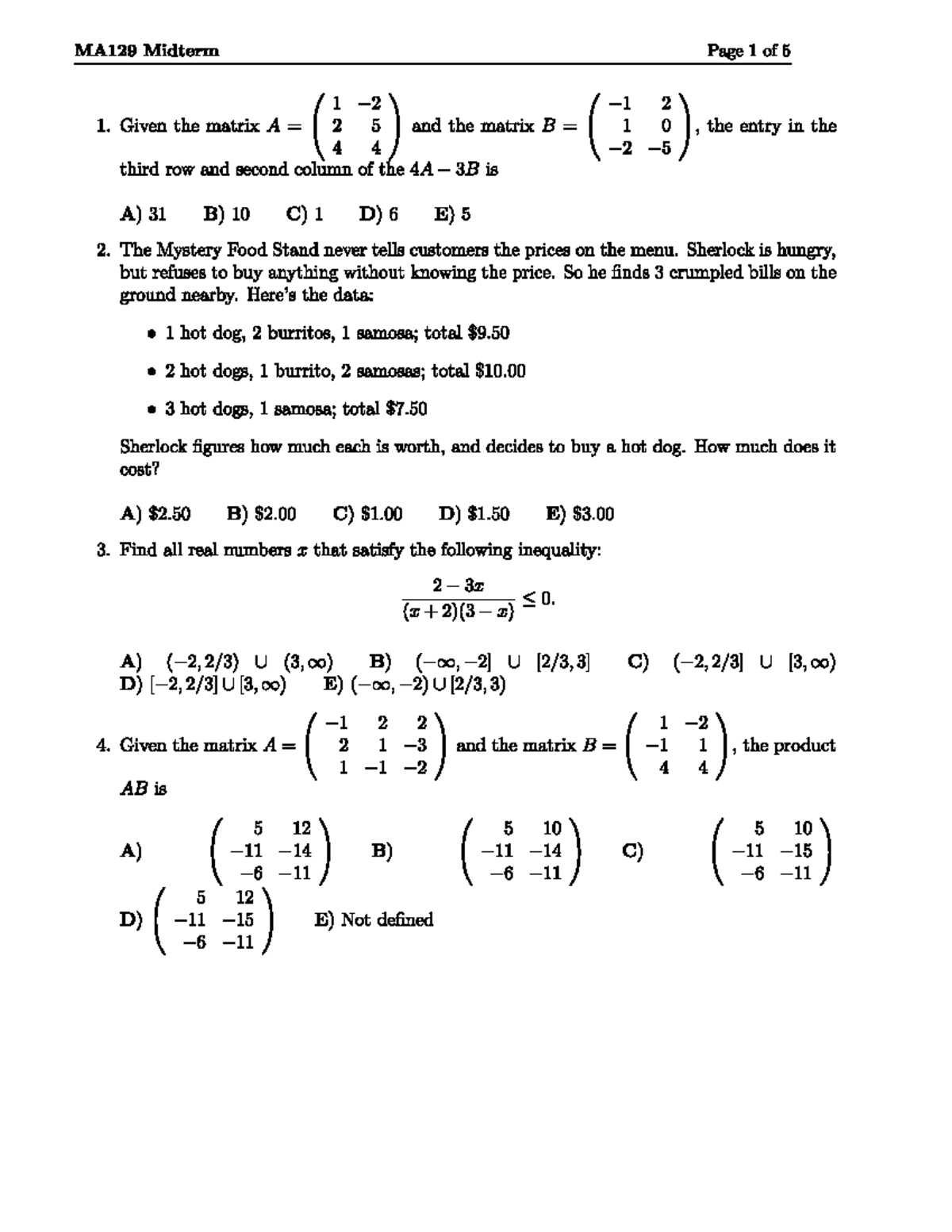 Midterm 1 5 March 2019, questions and answers - MA129 - Studocu
