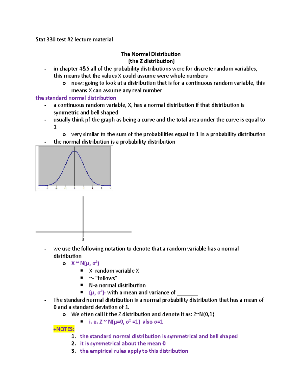 Stat 330 Test #2 Lecture Notes on Normal Distribution Concepts - Studocu