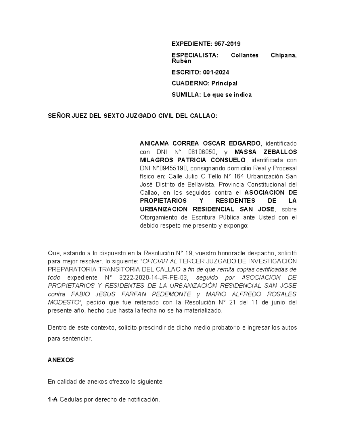 Solicitud de Prescindencia de Medio Probatorio - Expediente 957 - Document Preview