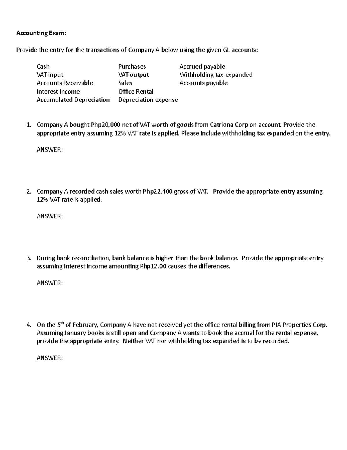 Acc 101 Accounting Exam Transactions And Journal Entries Guide Studocu