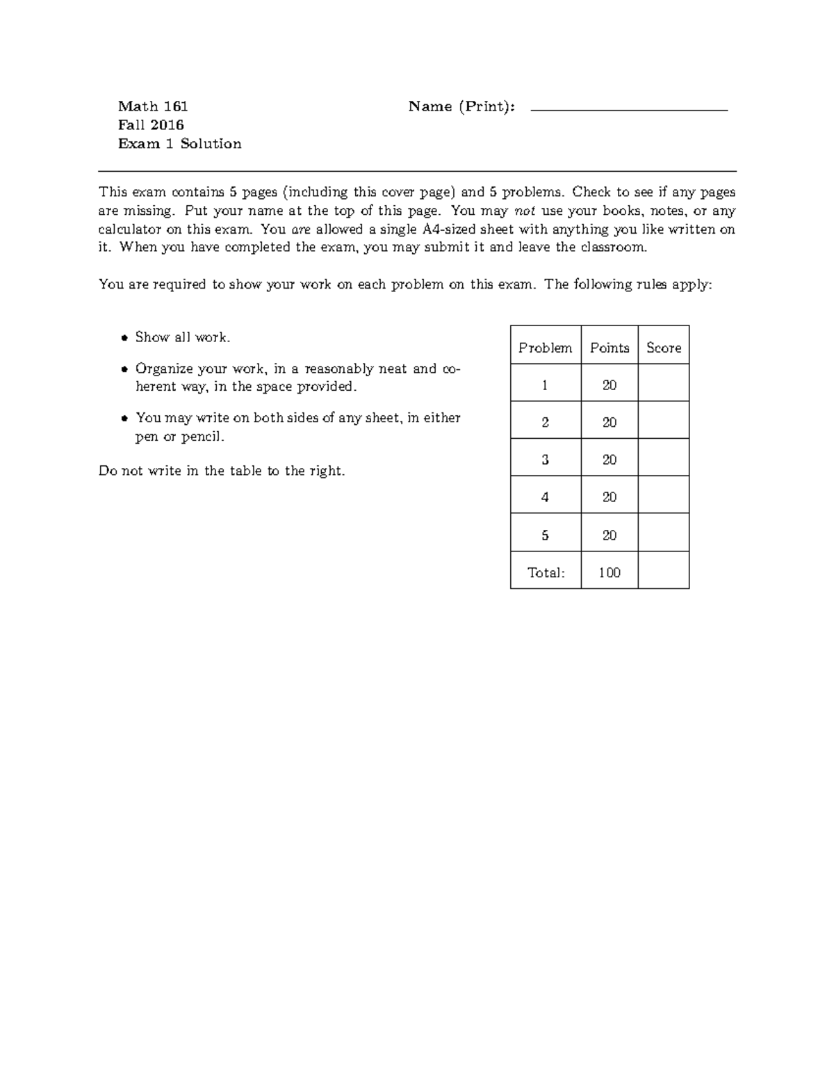 Math 161 Exam 1 Solutions: Limits, Differentiation, and Continuity ...
