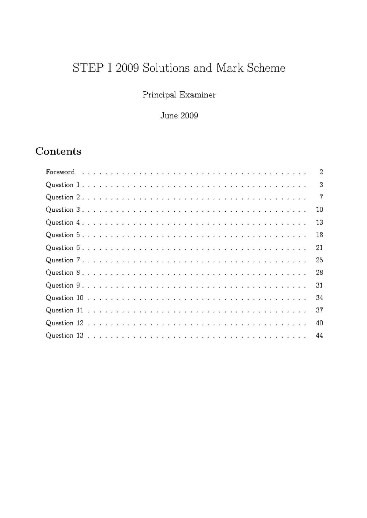 STEP I 2009 Model Solutions & Mark Scheme Analysis - Studocu