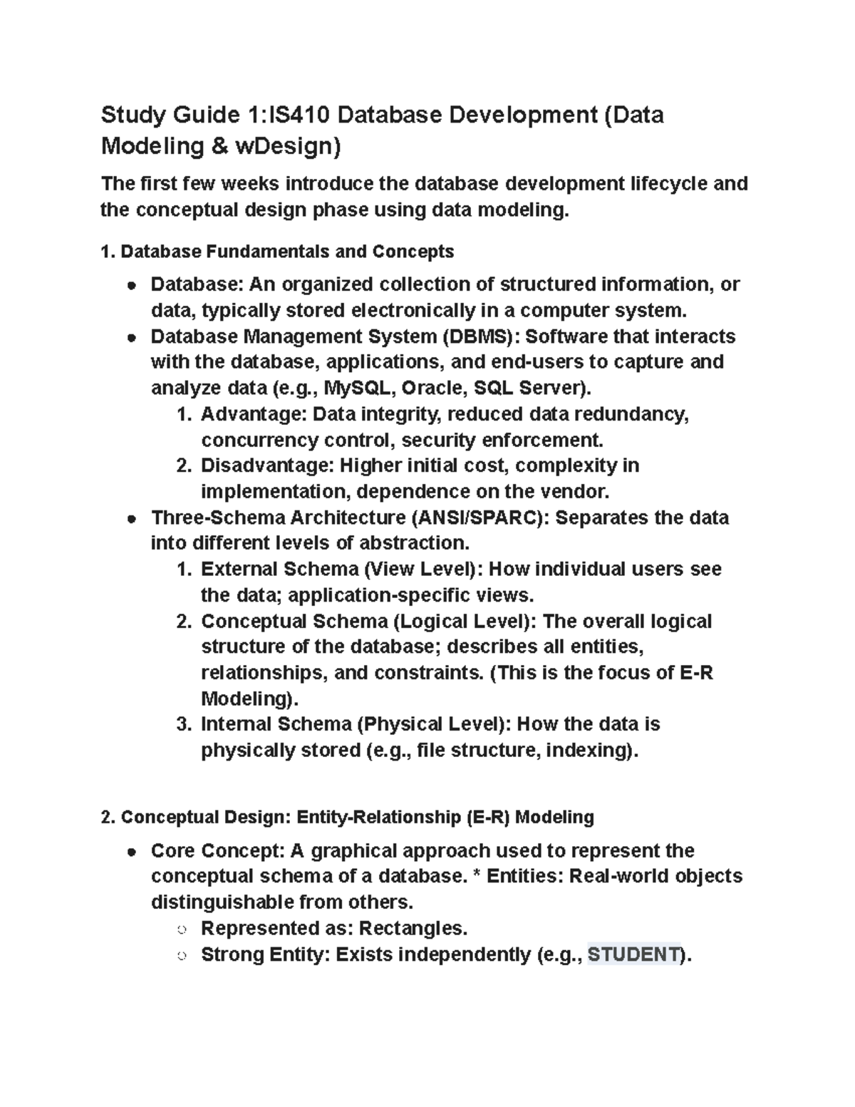 Study Guide 1: IS410 Database Development (Data Modeling & Design ...