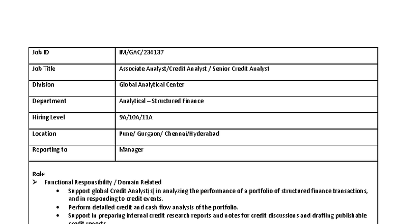 CA SCA Associate Analyst Role in Structured Finance Analysis - Studocu