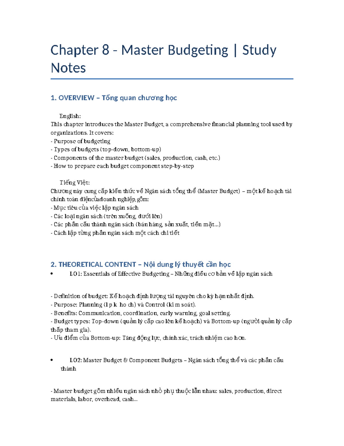 Chapter 8 Master Budgeting Study Notes: Key Concepts & Practice - Studocu