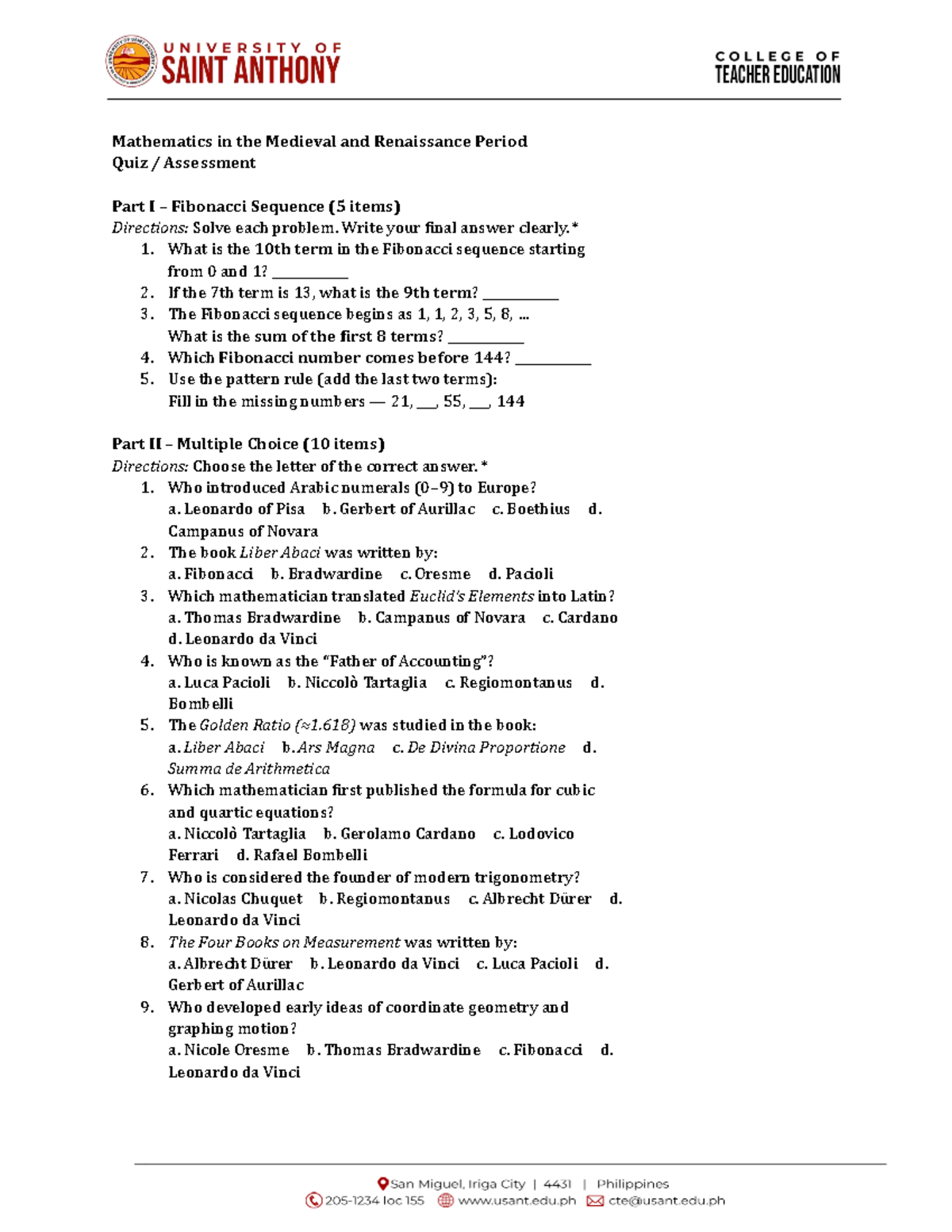 MAT 101: Medieval & Renaissance Math Quiz - Fibonacci & MCQs - Studocu