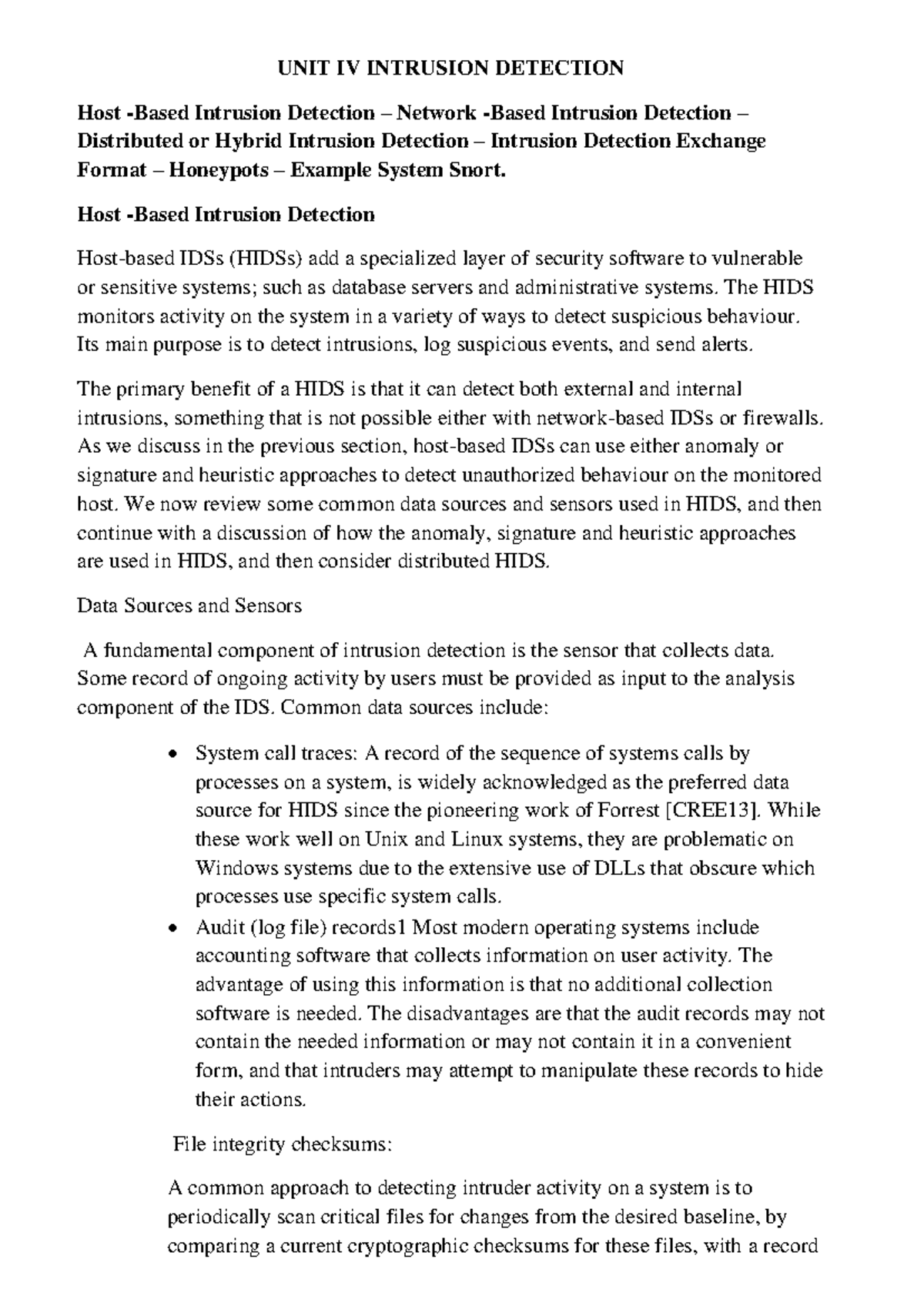 UNIT 4 cyber security - UNIT IV INTRUSION DETECTION Host - Based ...