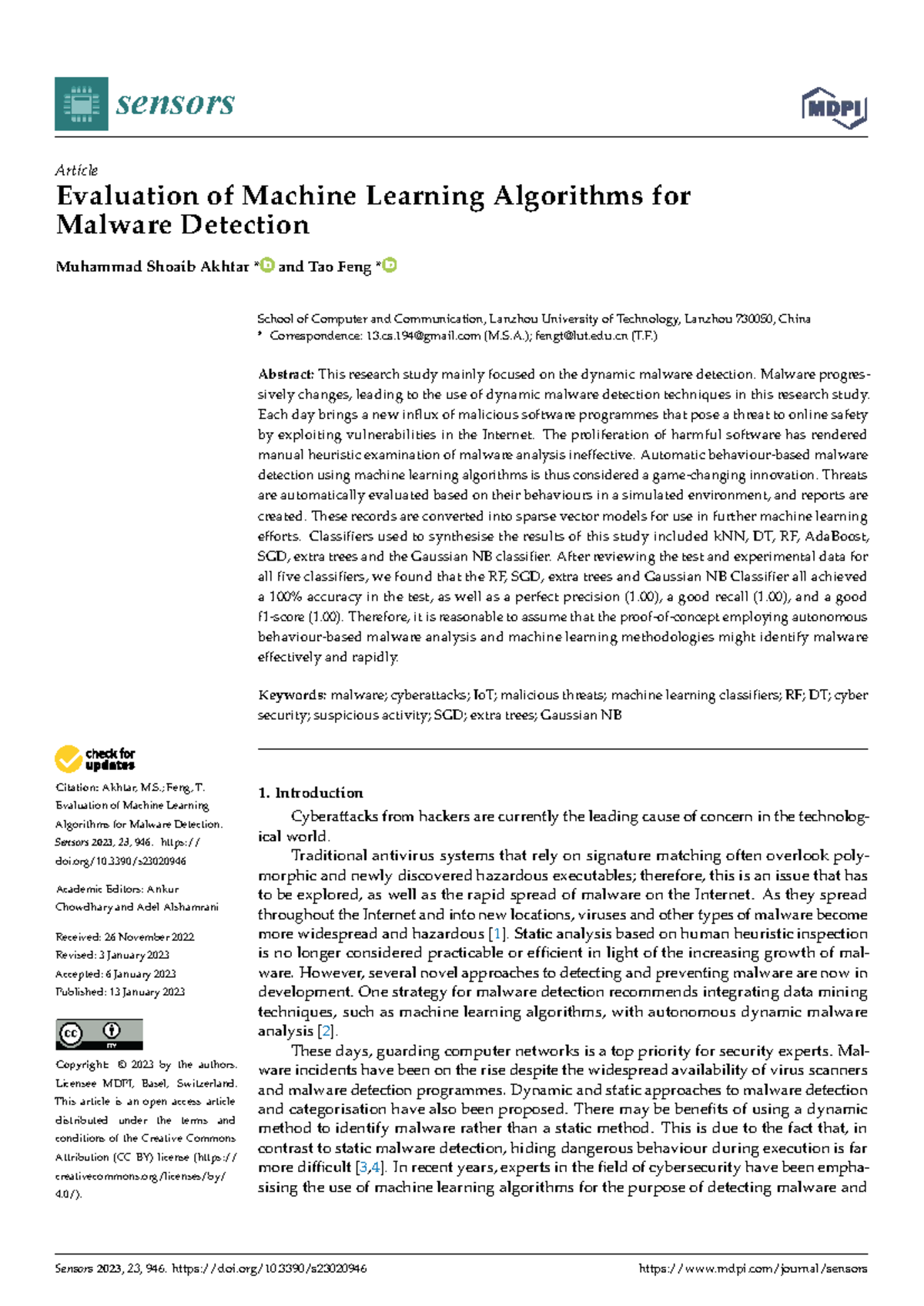 Evaluation of ML Algorithms for Malware Detection (Sensors 2023) - Studocu