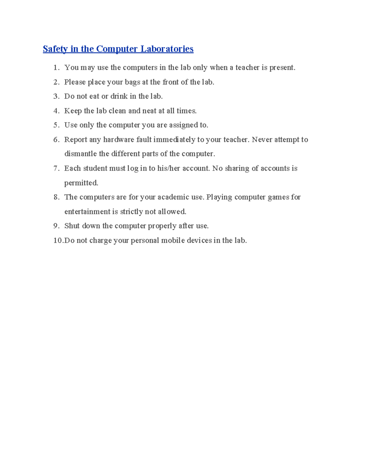 Computer Lab Rules & Safety Guidelines (CS101) - Studocu