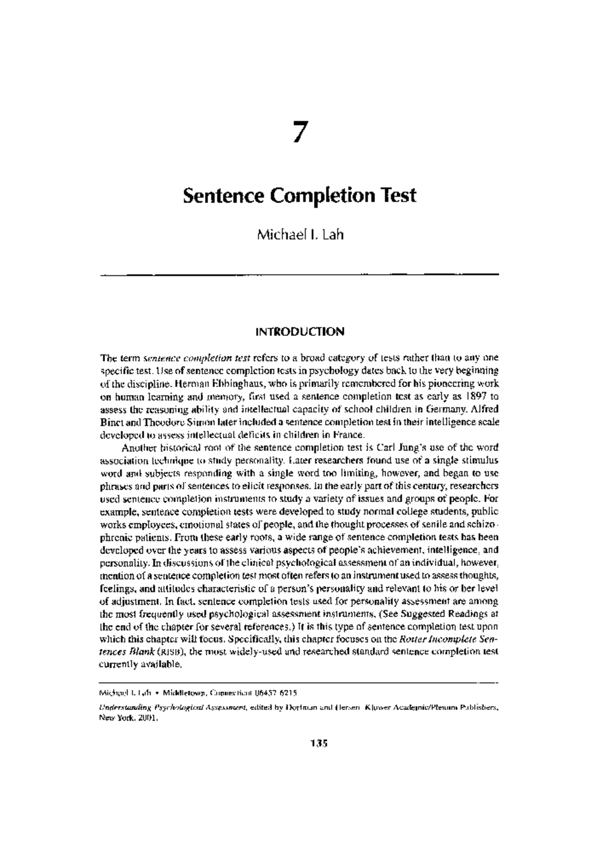 Sentence Completion Test Psychology