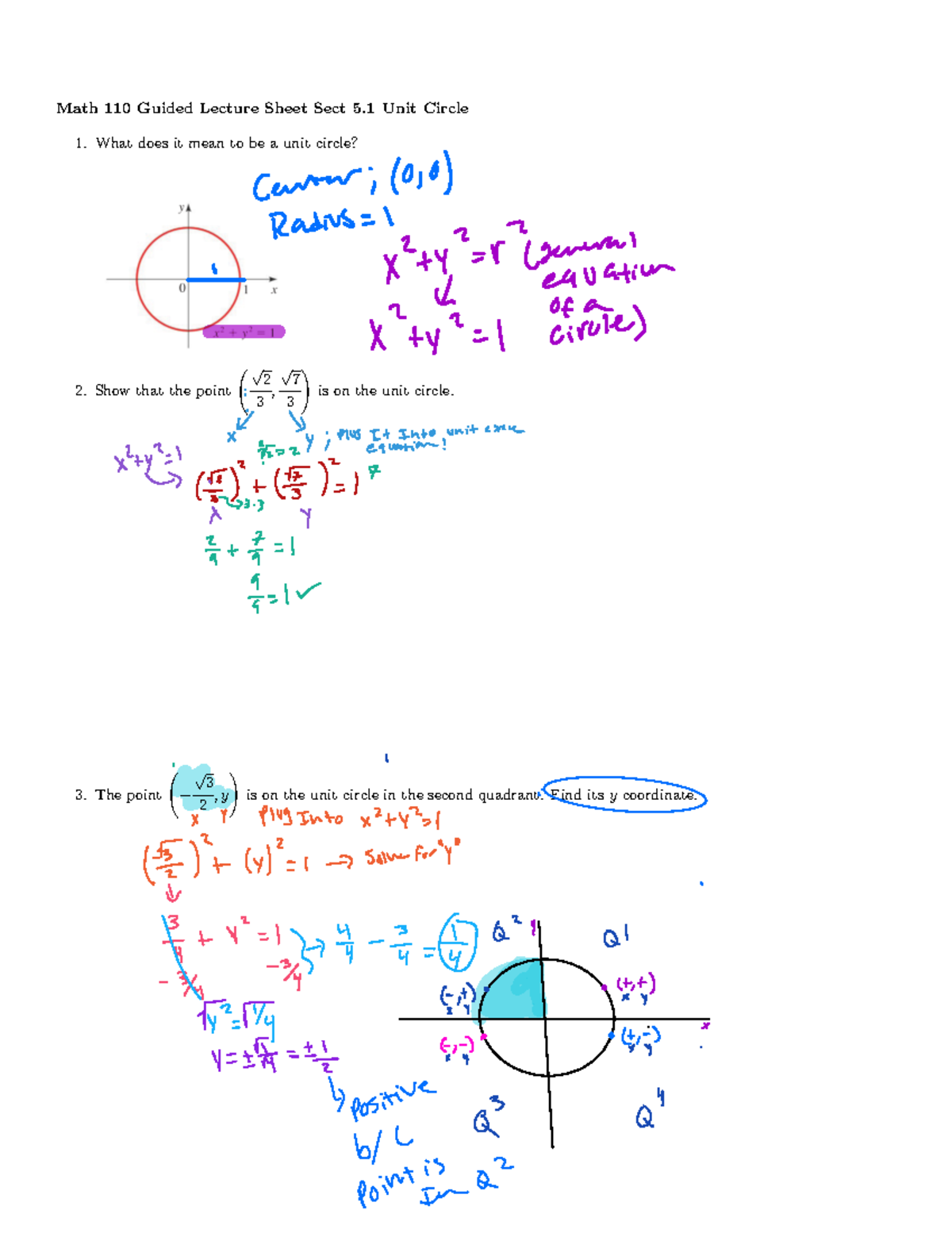 MATH 5 - math notes - Math 110 Guided Lecture Sheet Sect 5 Unit Circle ...