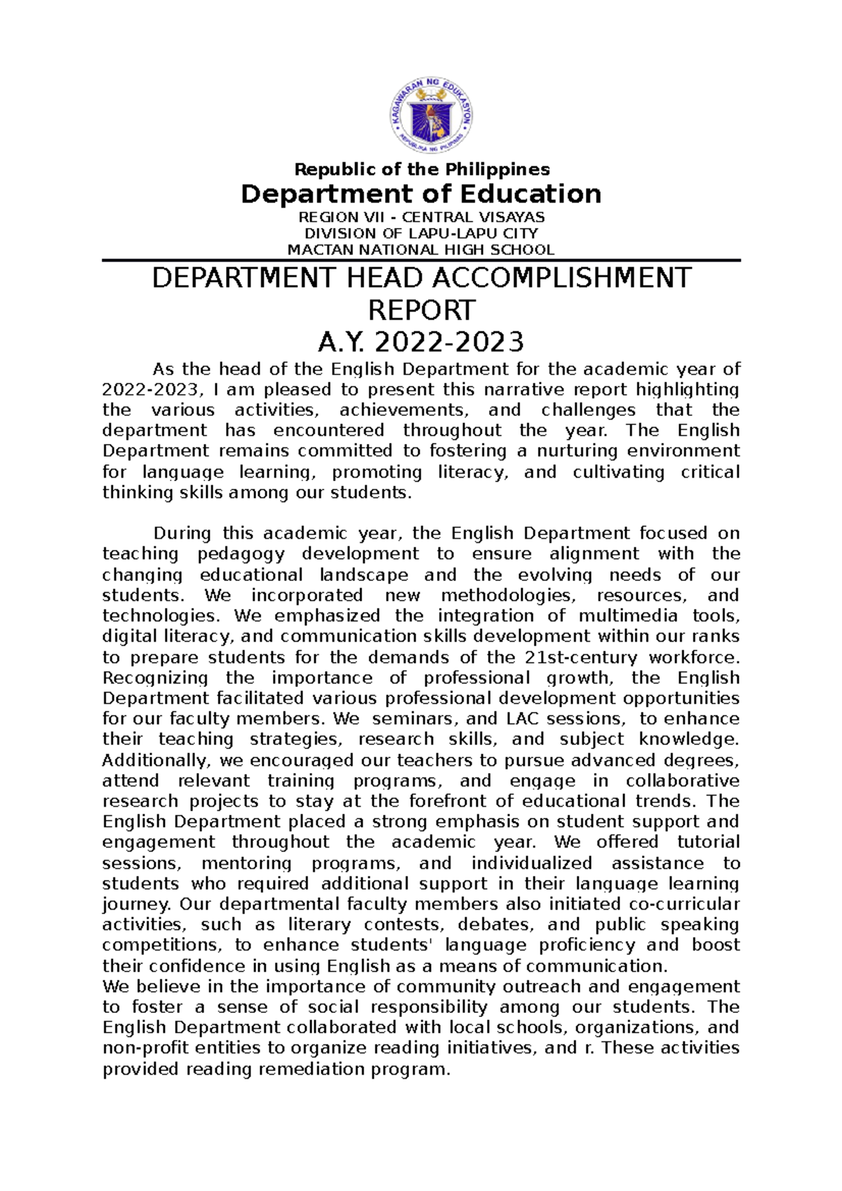 DH narrative report - GOOD - Republic of the Philippines Department of ...