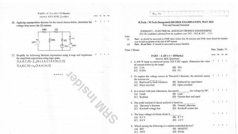 21EES101T Electrical Engineering Exam: Superposition & Boolean ...