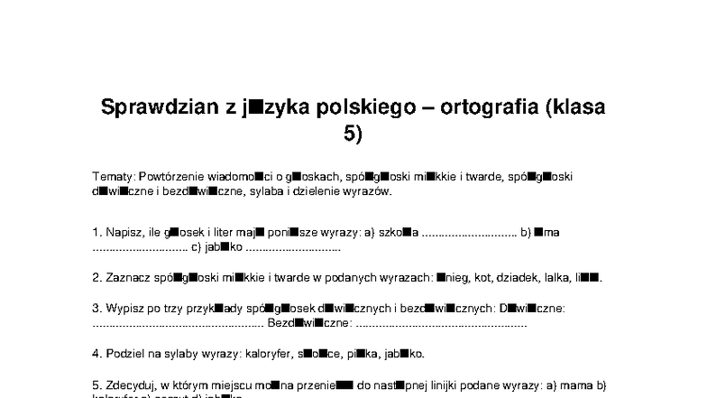 Sprawdzian z ortografii (klasa 5) - Czysta wersja - Studocu