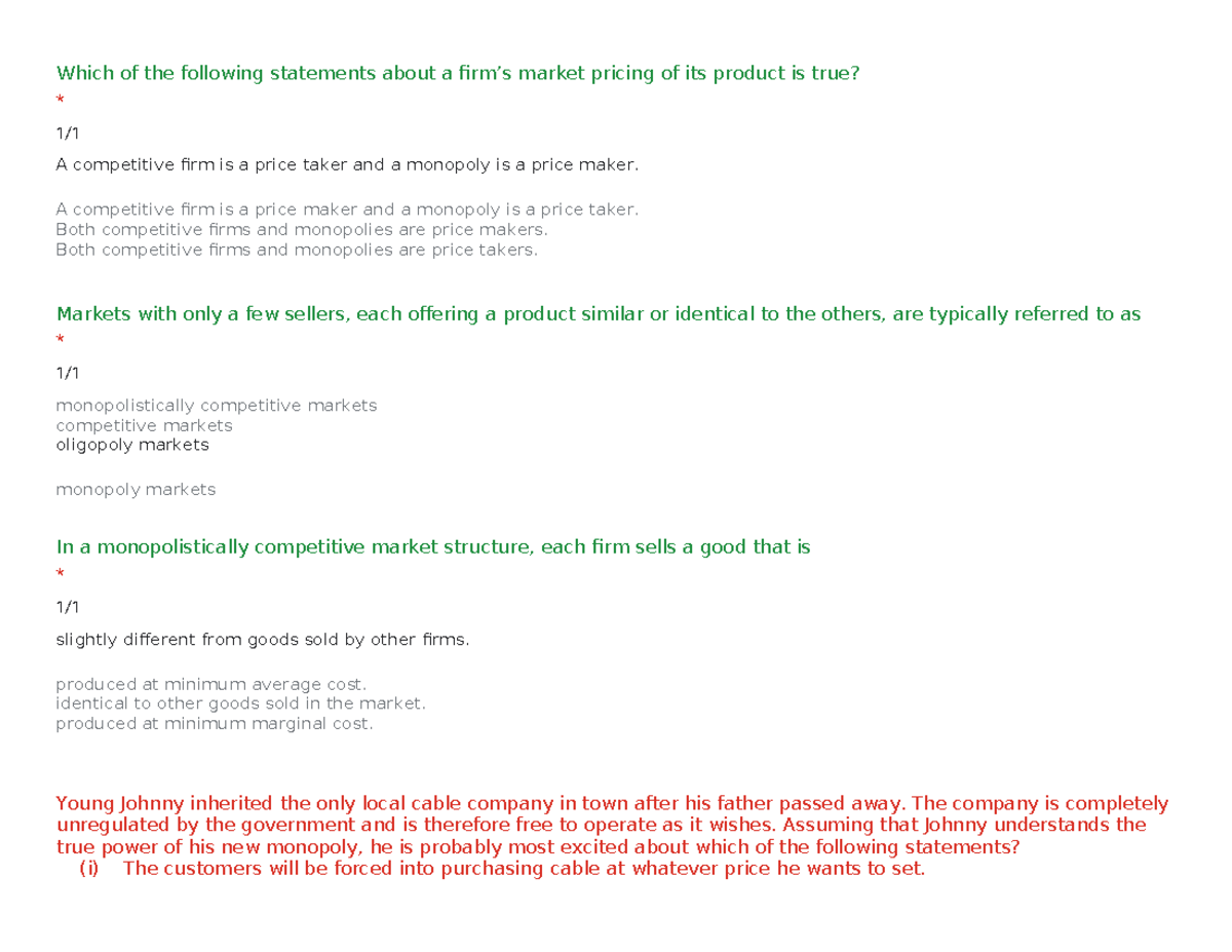 IM Final Exam MCQs Practice on Market Structures and Pricing - Studocu