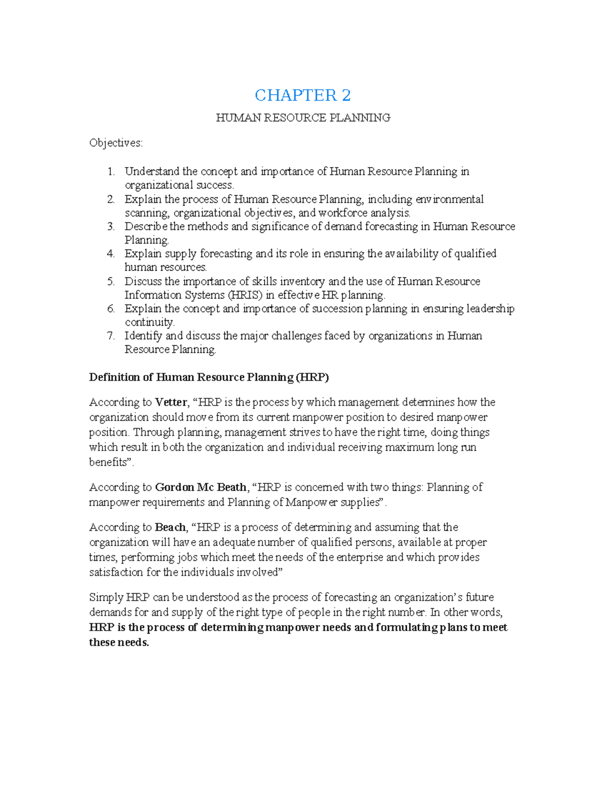 CHAPTER 2: HUMAN RESOURCE PLANNING - Key Concepts & Processes (HRM 2 ...