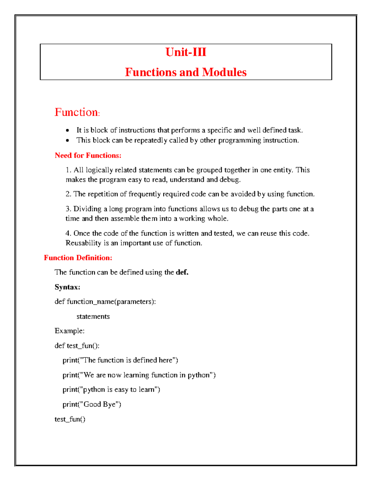 627247 a7bbd15 - .... - Unit-III Functions and Modules Function: It is ...