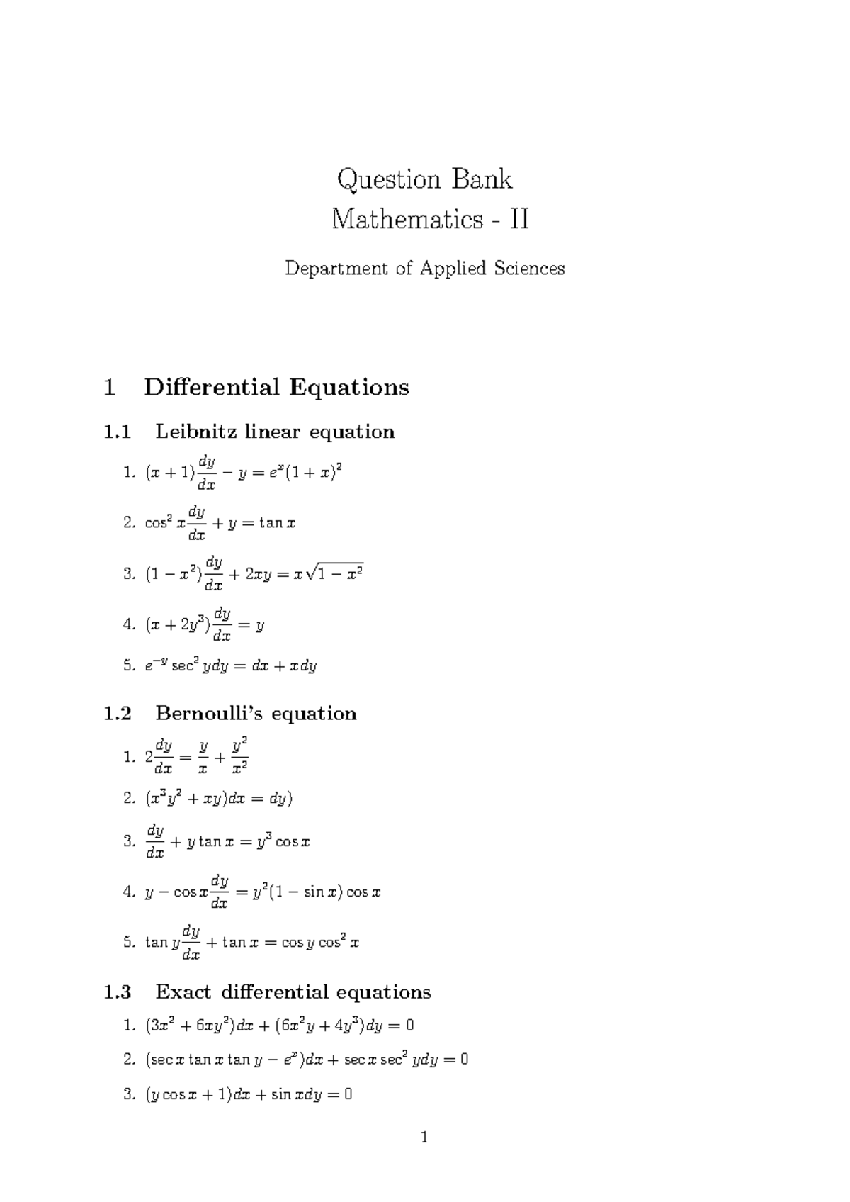 Mathematics II Question Bank: Differential Equations & Complex Analysis ...