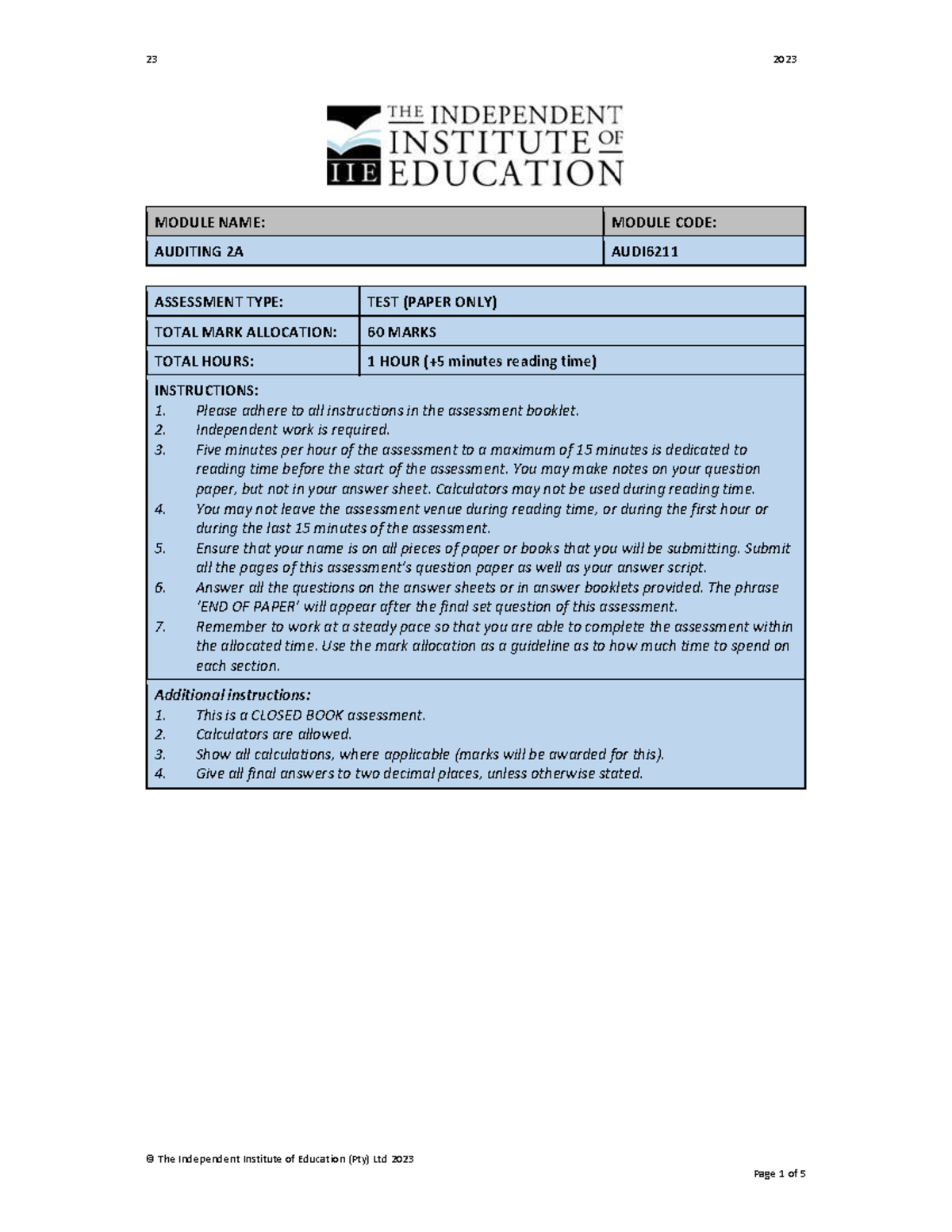 AUDI6211T1a - Test on Auditing Revenue and PPE for 3rd Year Students ...
