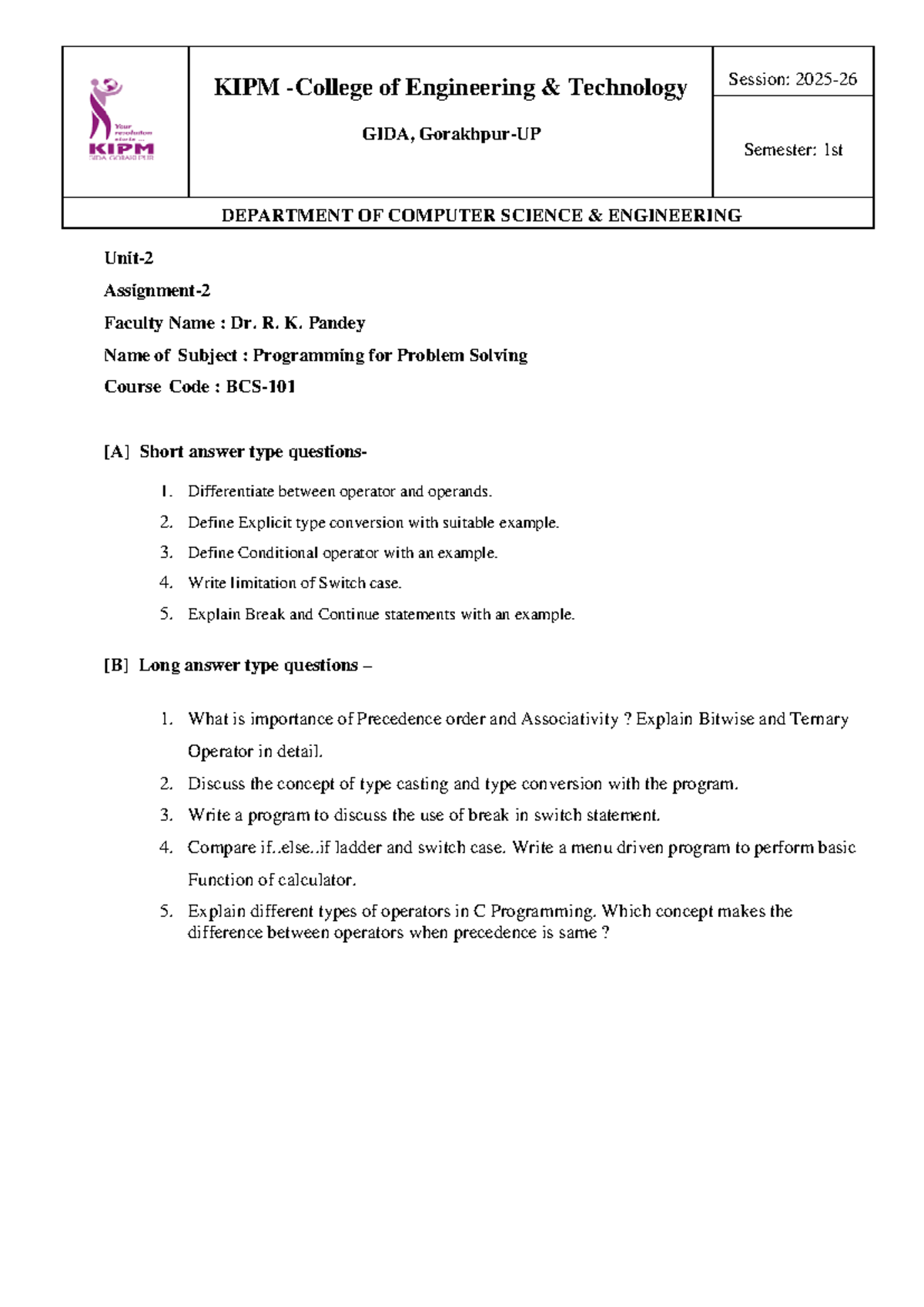 PPS Assignment 02 - Programming for Problem Solving (GIDA, 1st Sem ...