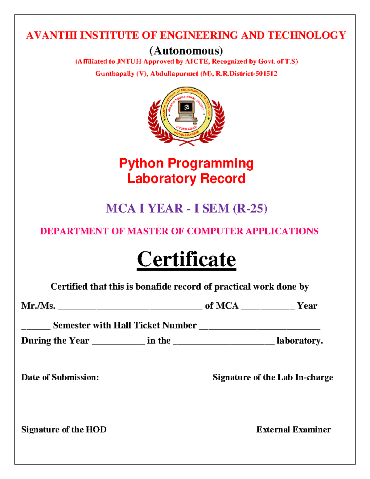 Python Programming Lab Record - MCA I Year I Sem - Studocu