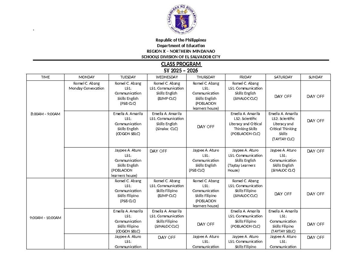 Class Program SY 2025-2026: Group Schedule Overview - Studocu