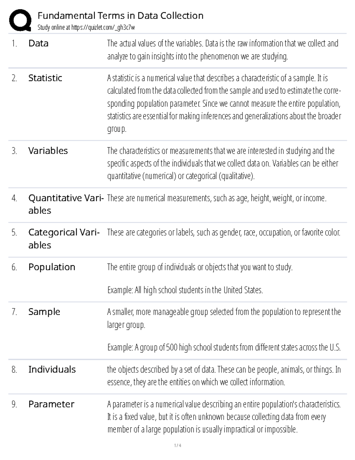 Fundamental Terms in Data Collection for STAT 101: Overview and ...