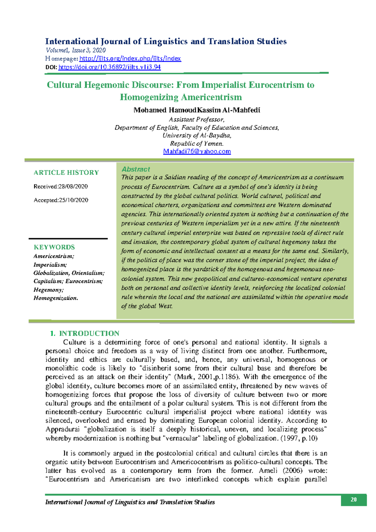 Cultural Hegemonic Discourse: Eurocentrism to Americentrism in ...