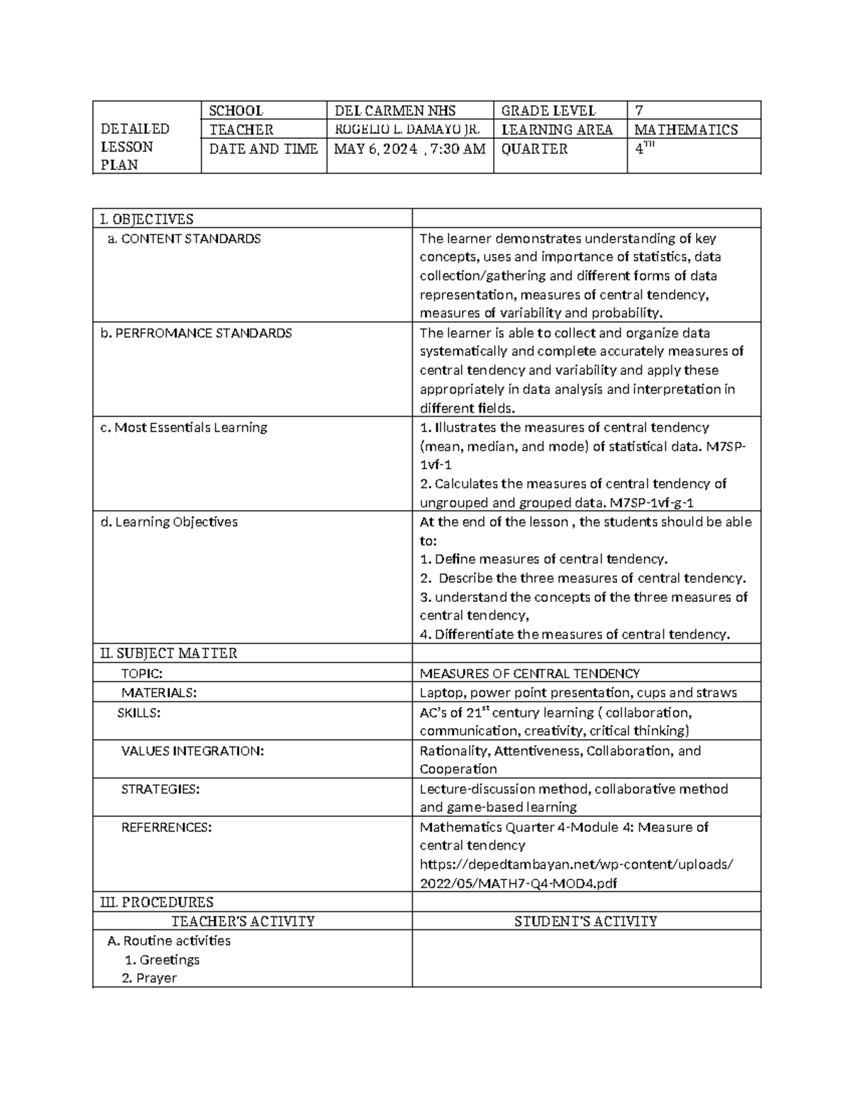Detailed Lesson PLAN 2024 - DETAILED LESSON PLAN SCHOOL DEL CARMEN NHS ...