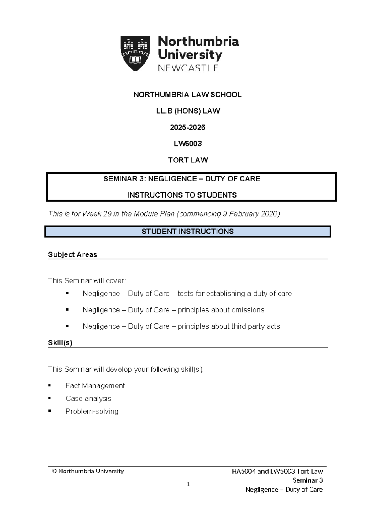 LW5003 Tort Law Seminar 3: Negligence and Duty of Care Overview - Studocu