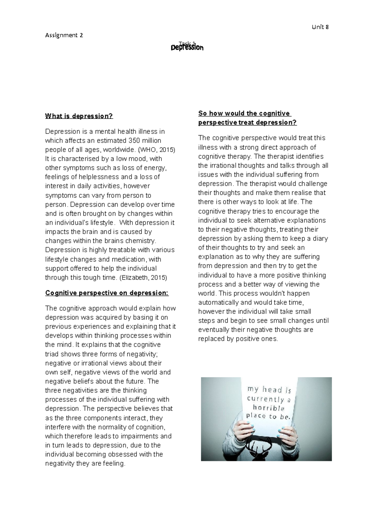 Unit 8 assignment 2 part 1 depression newsletter - Unit 8 Assignment 2 ...