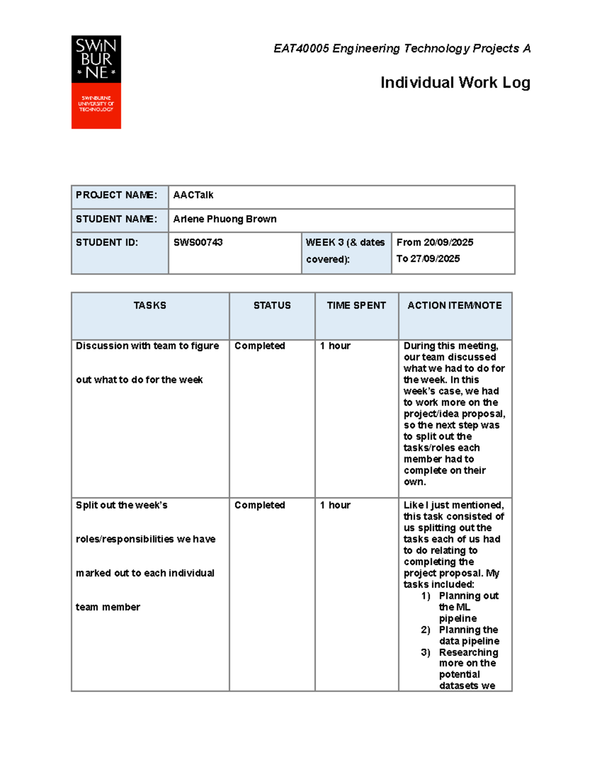 Engineering Technology Projects Work Log: AACTalk - Week 3 - Studocu