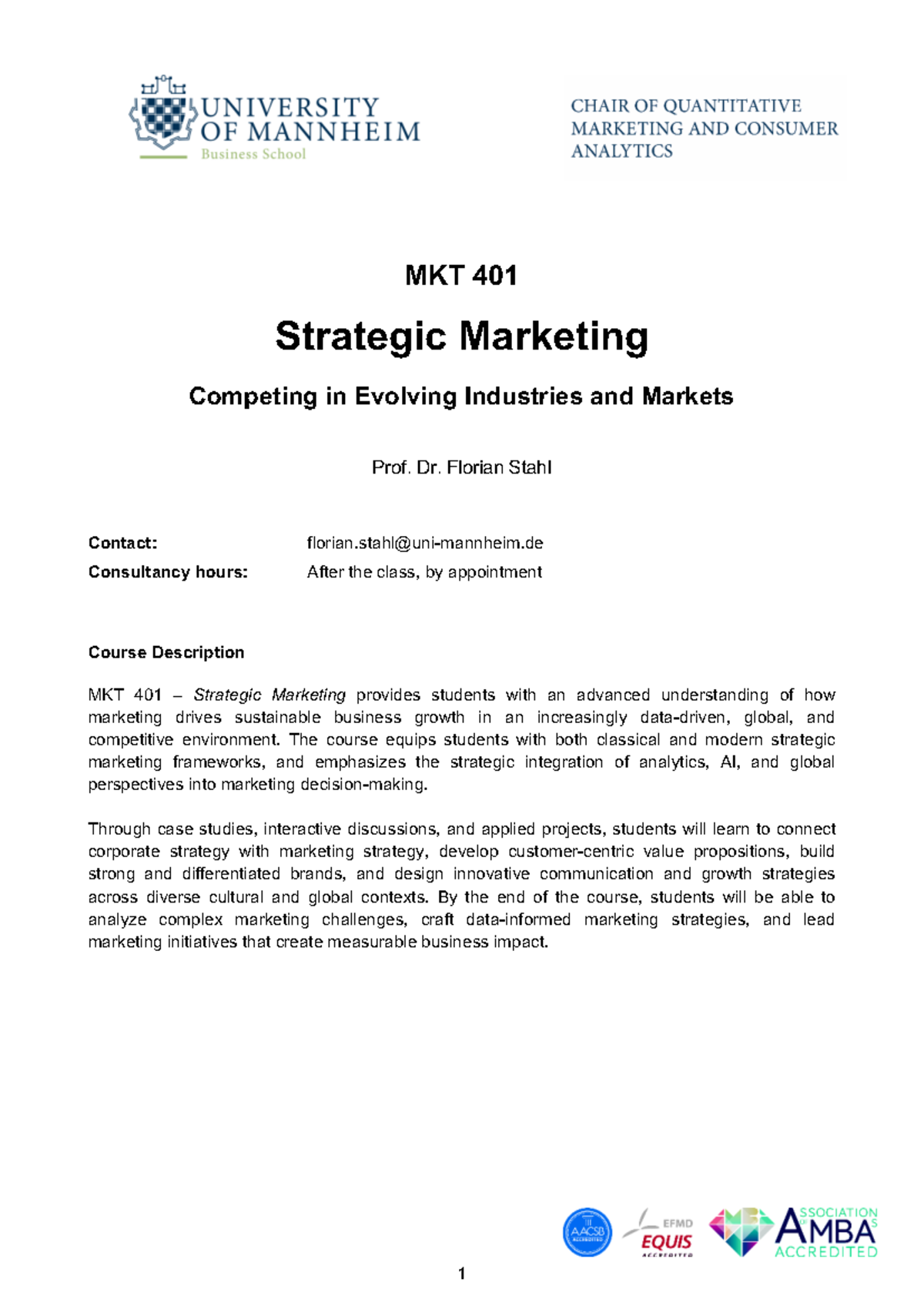 MKT 401 Strategic Marketing Syllabus for FSS 2026: Course Overview ...