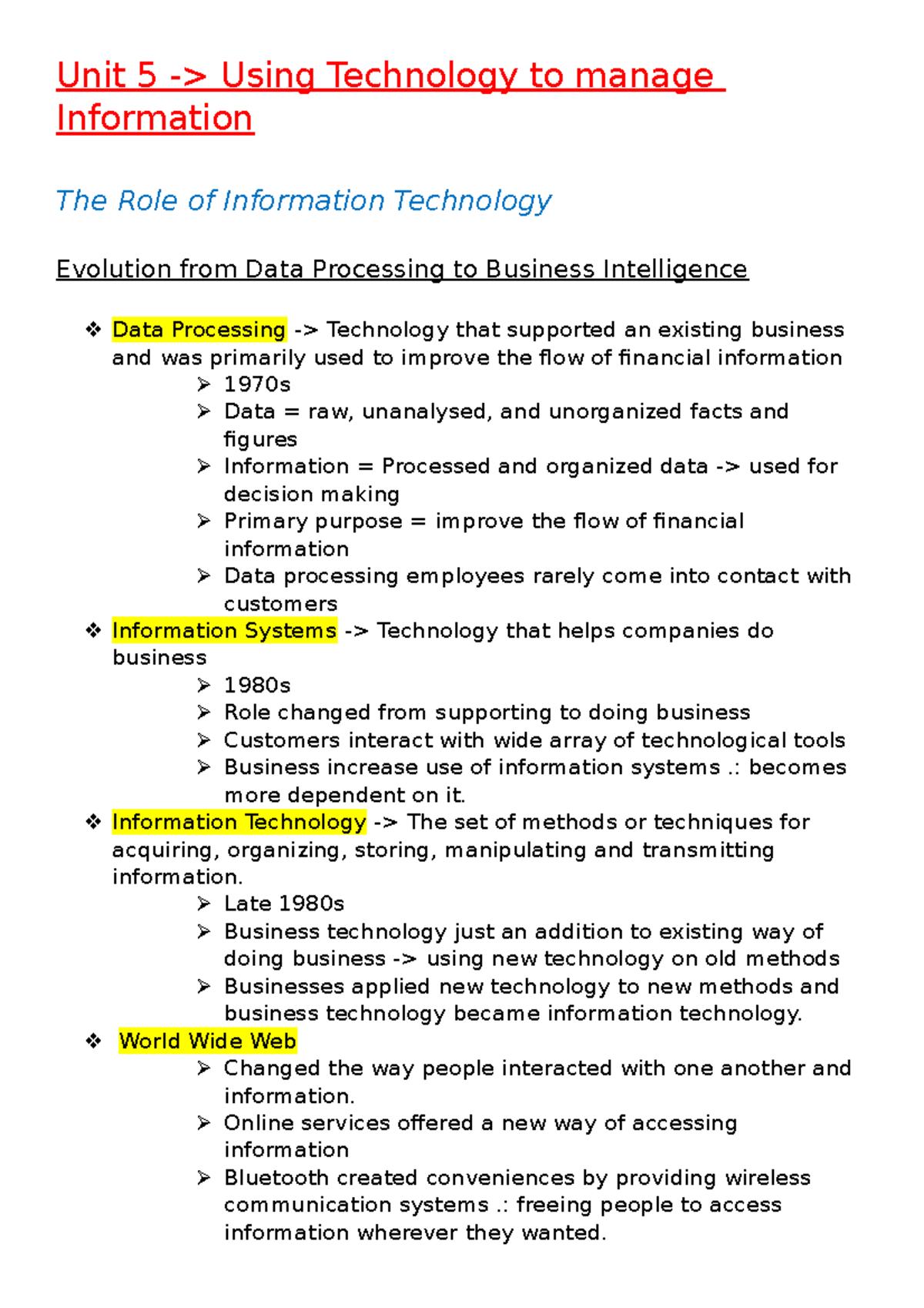 Unit 5 - Semester 2 - IT's Role in Business & Technology Overview - Studocu