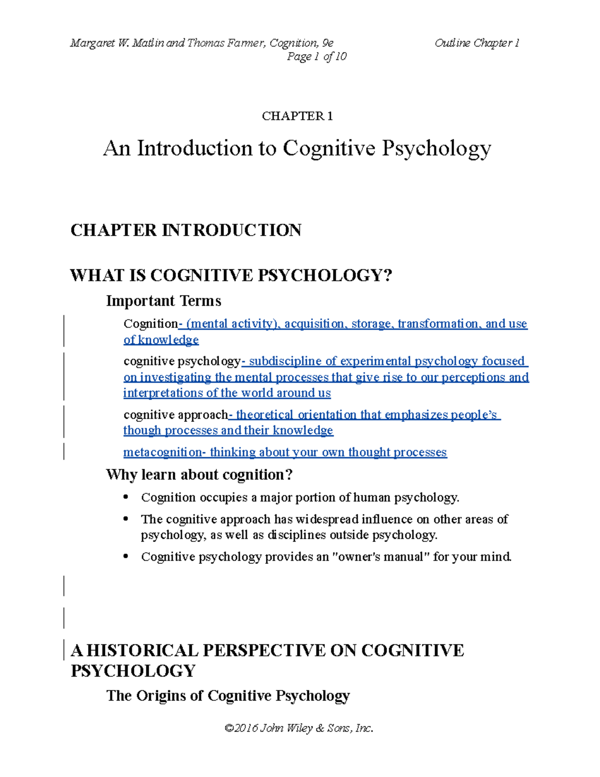 Cognitive Psychology 101: Chapter 1 Outline and Key Concepts - Studocu
