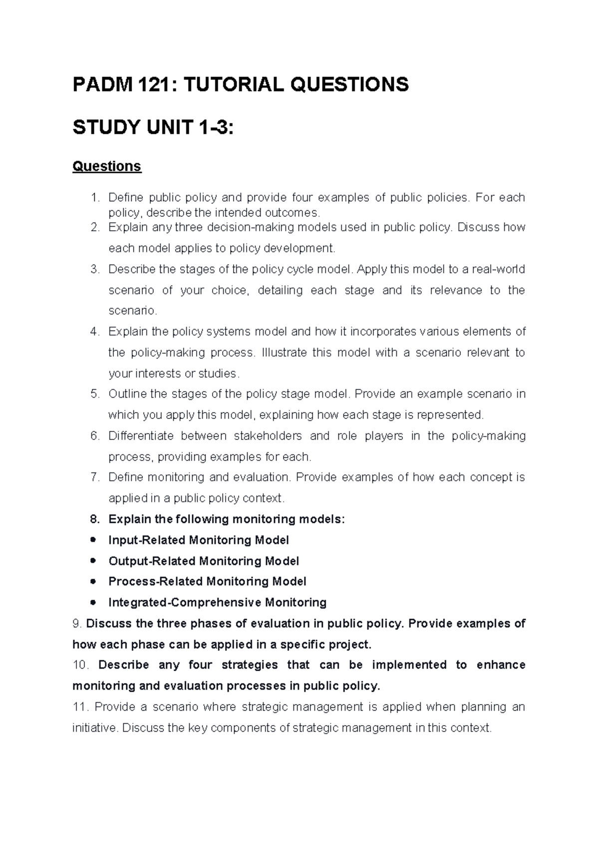PADM 121: Comprehensive Tutorial Questions for Study Unit 1 - Studocu