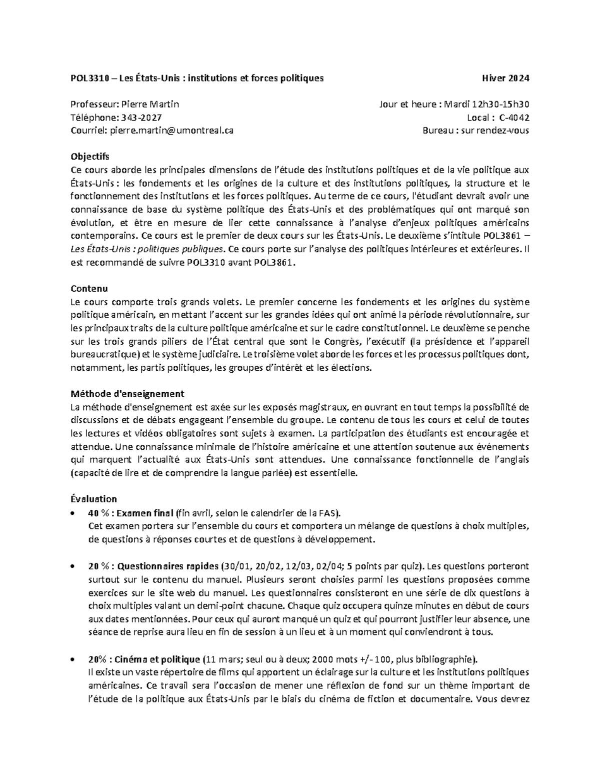 Plan de cours POL3310 : Institutions et vie politique aux États-Unis ...