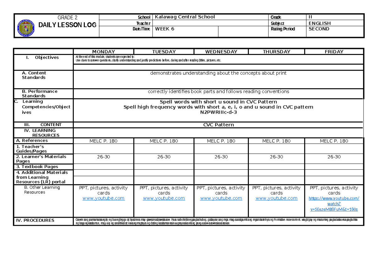 Grade 2 English Week 6 Daily Lesson Log and Objectives - Studocu