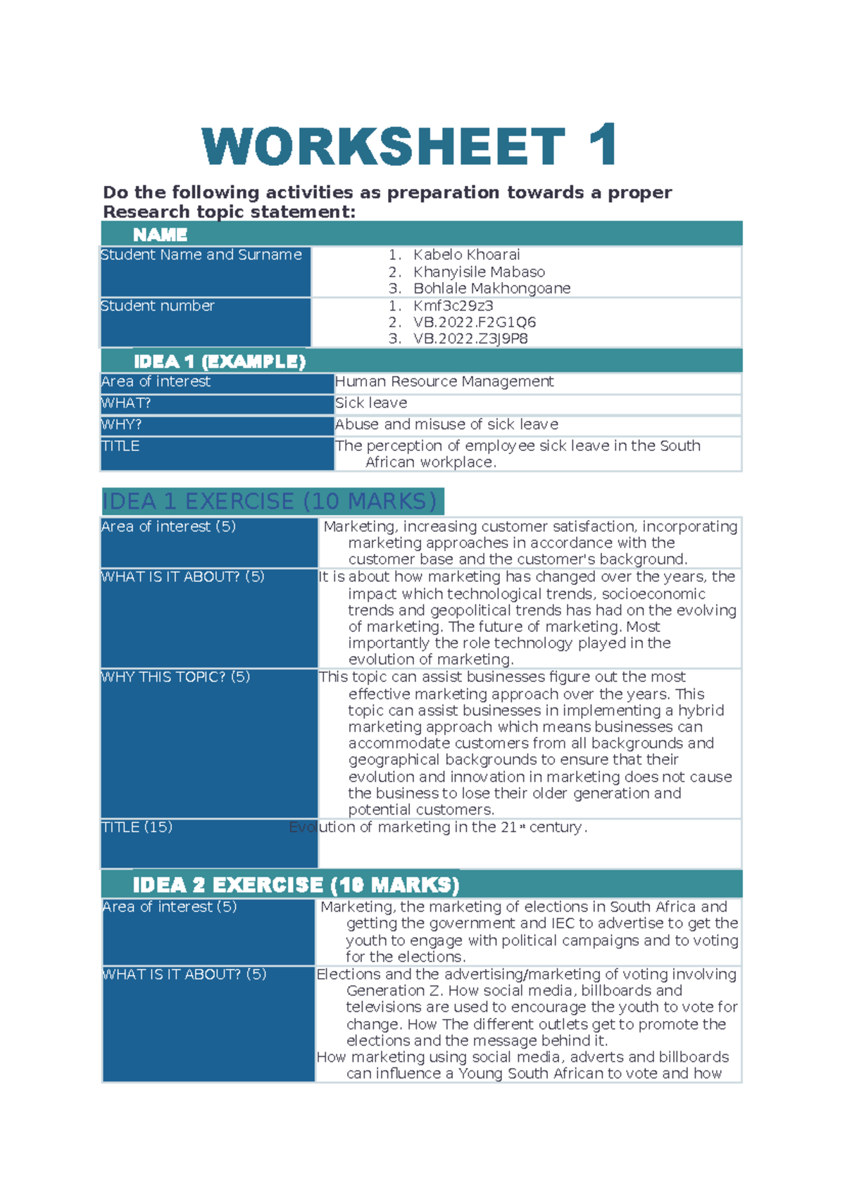 Worksheet 1: Research Topic Preparation for Marketing Studies ...
