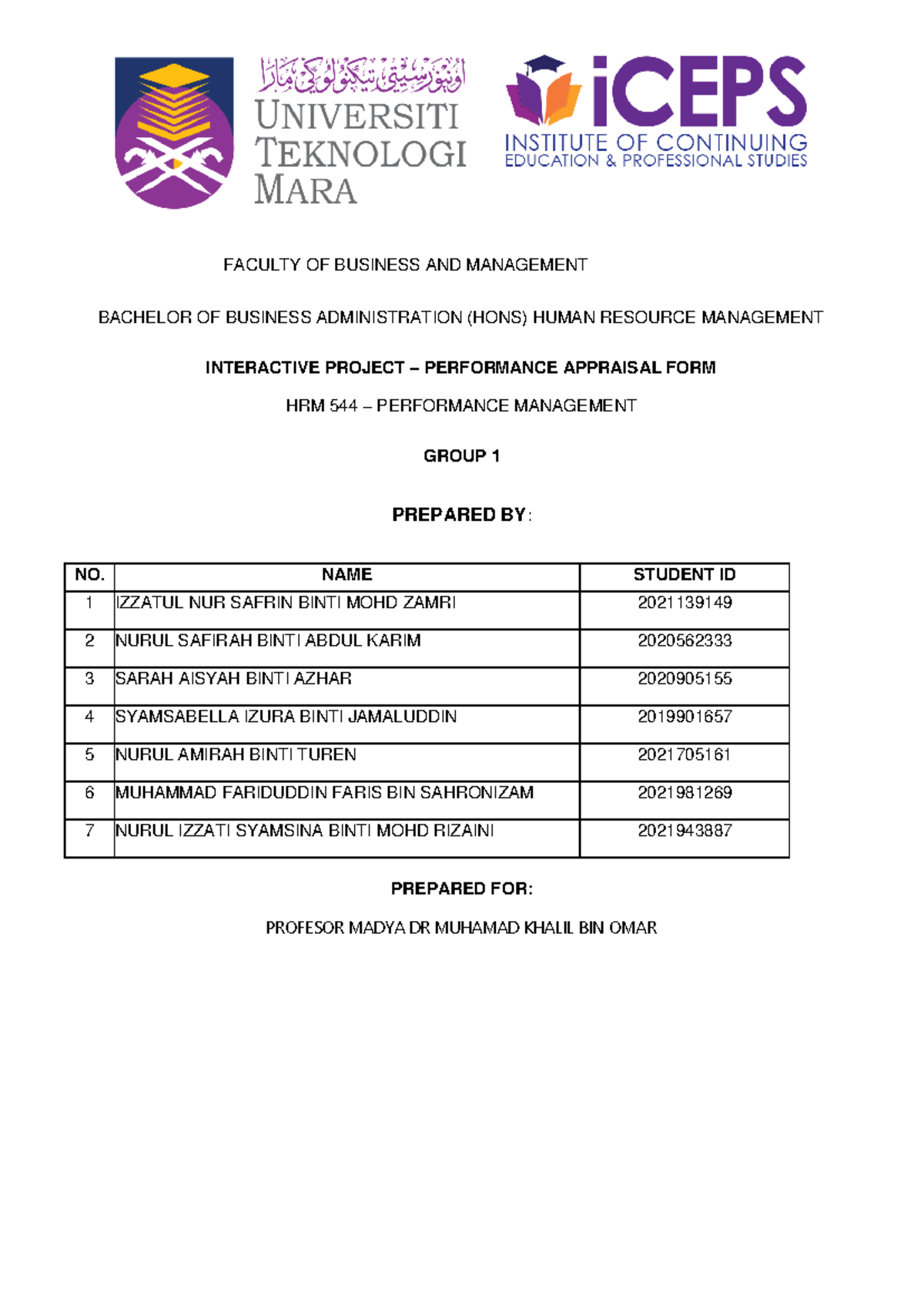 HRM544 - Group 1 Performance Appraisal Form Assignment 1 - Studocu